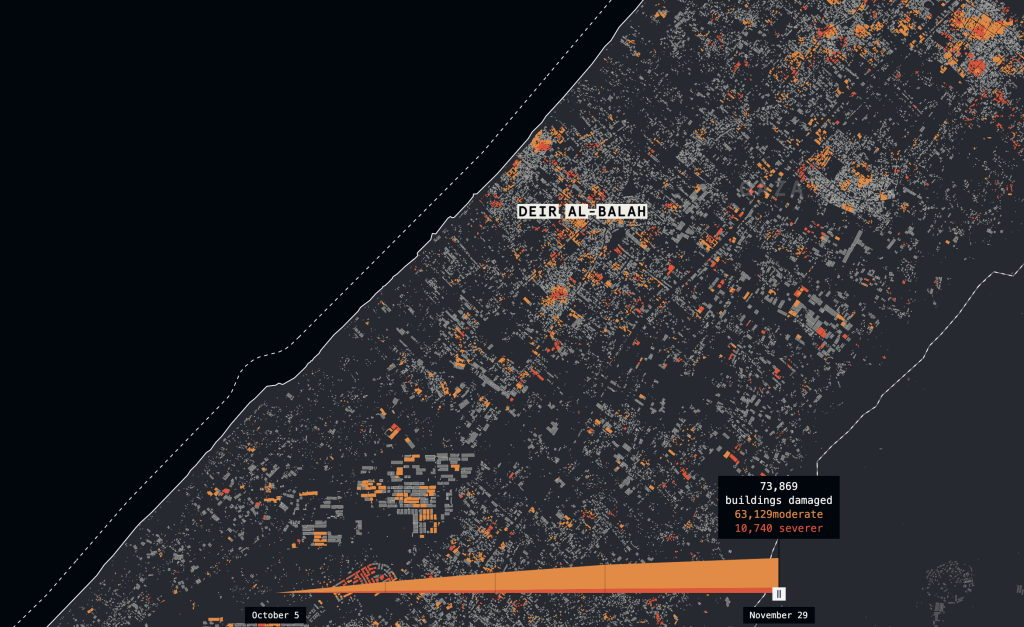 Map of the Gaza Strip from the Gaza Conflict Tracker: damaged buildings marked in orange, with a timeline below.
