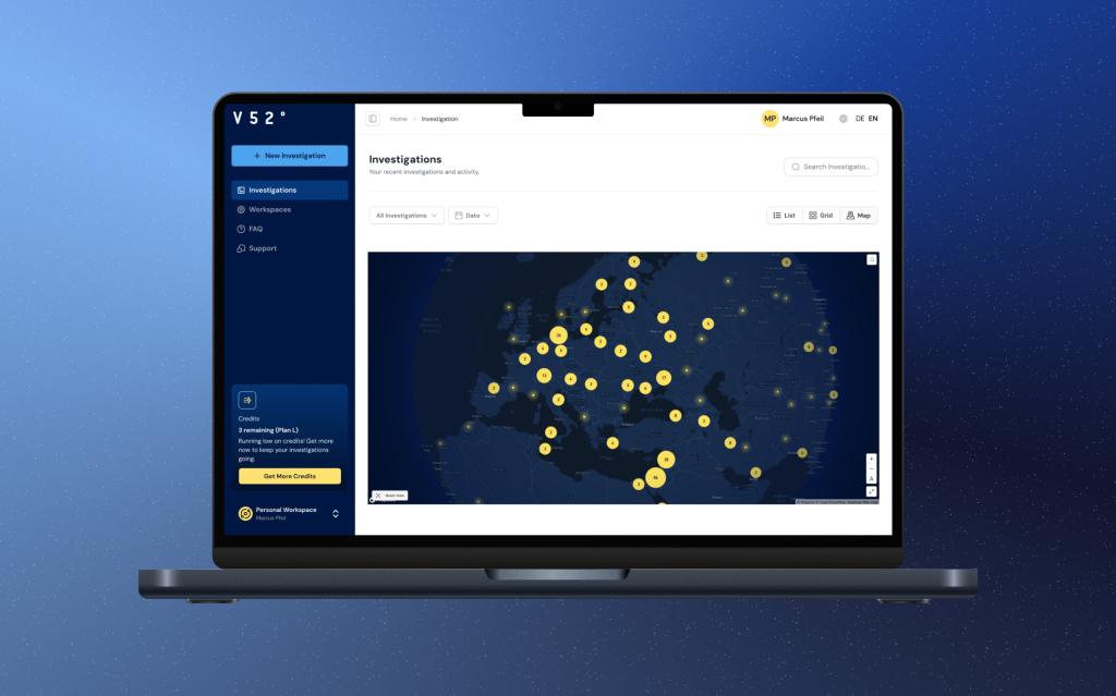 Laptop showing the V52 app in map view: investigations as yellow dots on a map of Europe.