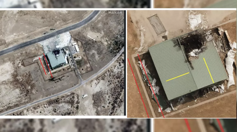 Two satellite images of the same building side by side: undamaged on the left, a version with alleged strike damage on the right.