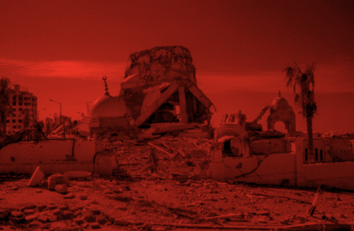 Rot eingefärbtes Foto zerstörter Gebäude in Gaza.