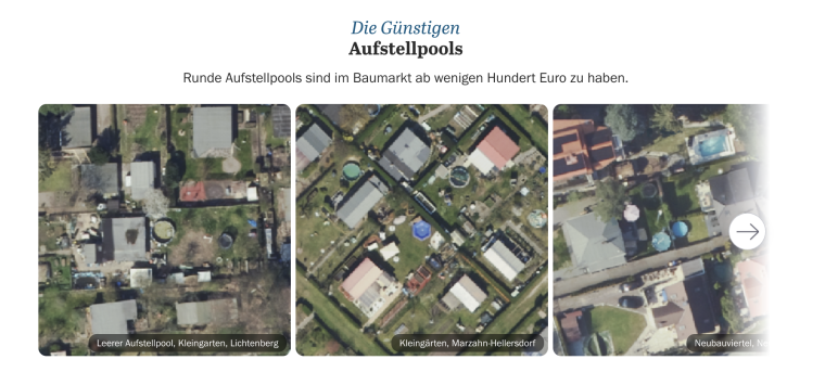 Drei Luftbilder von Gärten mit runden Aufstellpools.