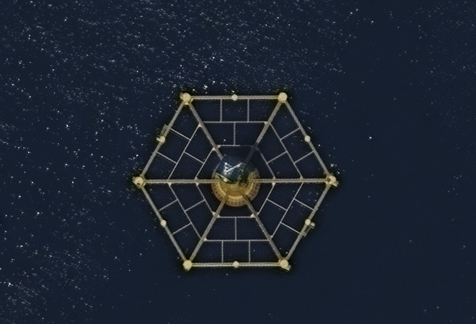 Illustration: ein Satellit mit sechseckigem Gitterrahmen vor Sternenhimmel.