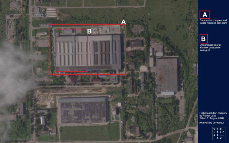 Unverwischtes Satellitenbild des Komplexes aus Yandex-Rechenzentrum und Werkzeugmaschinenwerk Sasta in Sasovo, August 2026.