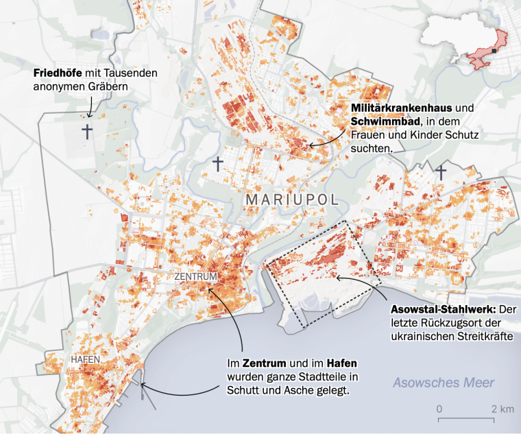 Damage map of Mariupol with damaged buildings in red and orange; cemeteries, the Azovstal steelworks and the destroyed centre are marked.