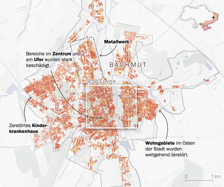 Damage map of Bakhmut with almost the entire city marked in red, including the centre, a children's hospital and the residential areas in the east.
