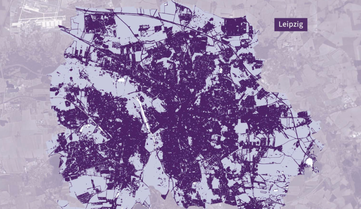 Karte Leipzigs: versiegelte Flächen in Violett.