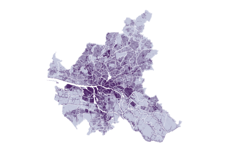 Karte Hamburgs: versiegelte Flächen je Stadtteil in Violett, je dunkler, desto stärker versiegelt.