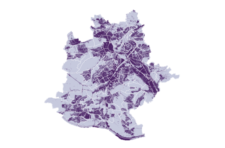 Karte Stuttgarts: versiegelte Flächen je Stadtteil in Violett, je dunkler, desto stärker versiegelt.