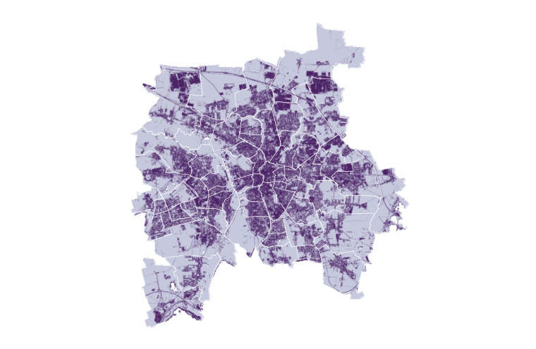 Karte Leipzigs: versiegelte Flächen je Stadtteil in Violett, je dunkler, desto stärker versiegelt.